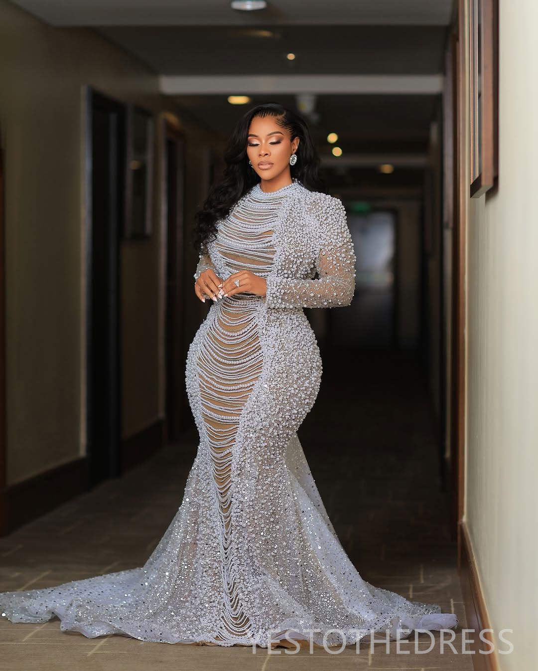 Arabic Aso Ebi Plus Size Ivory Wedding Dress 2025 Appliques Beaded Crystals Pearls Tiers Luxurious Bridal Gowns Dresses High Neck Rhinestones Wedding 