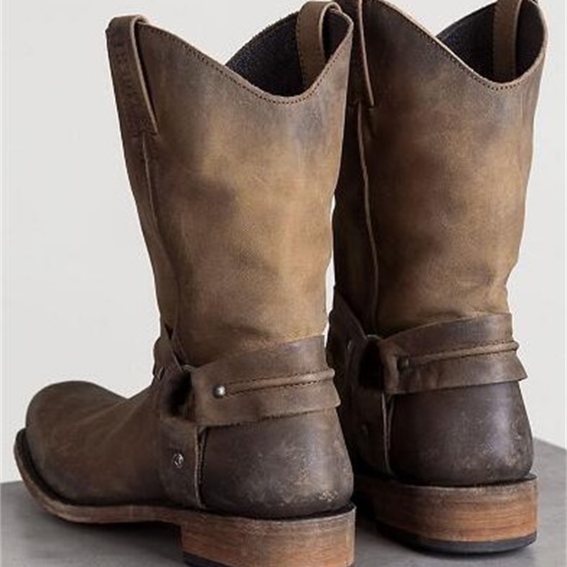 Retro Cowboy Boot Men Mid Calf Outdoor Vintage PU Slip on Shoes Winter Gladiator Booties Unisex Brown Long w250801