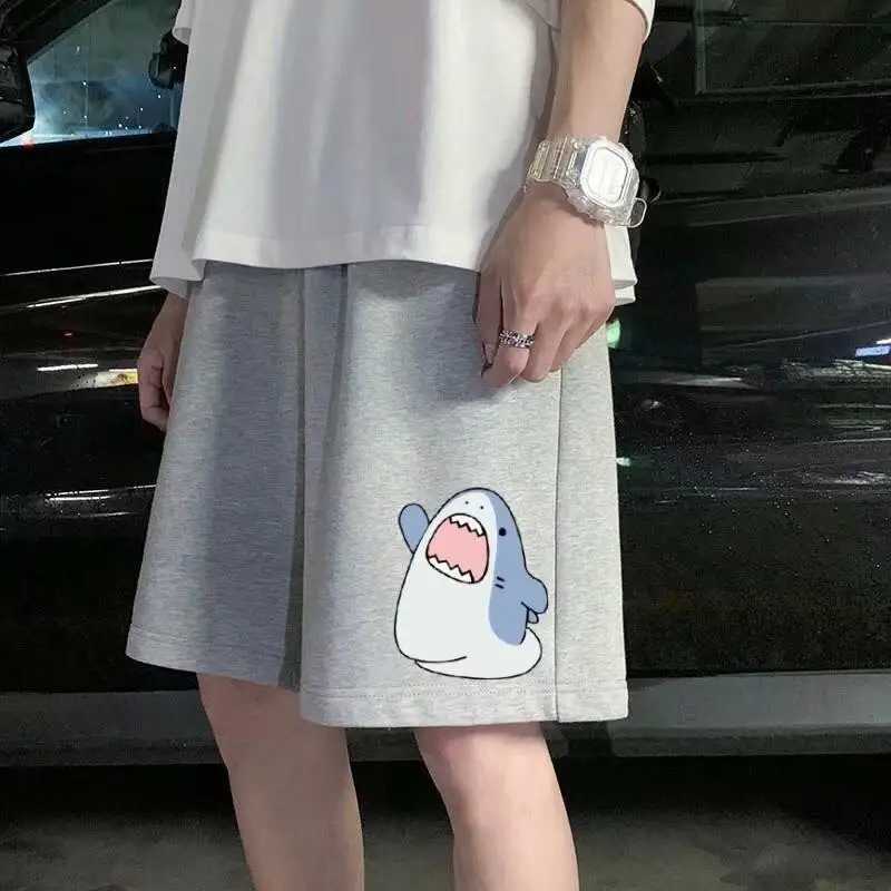 M-5XL Cartoon Shark Print Shorts For Mens Summer Slim Fit Loose Casual Capris Trend Straight Leg Sports Shorts Y250814