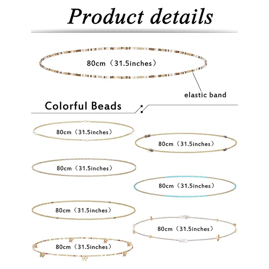 8Pcs 31.5 Inches African Waist Bead Chain Elastic Belly Beads Butterfly Shell Layered Body Chain Gold Tone Jewelry Accessories for Women