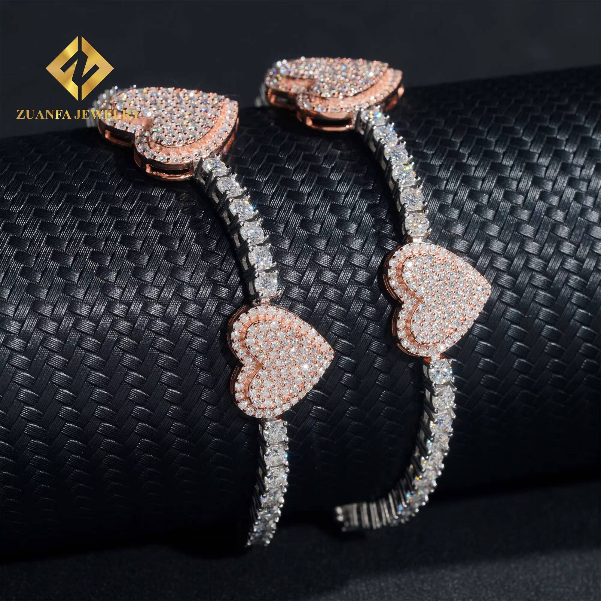 New Design 3mm Iced Out Hip Hop Jewelry S925 Silver Rose Gold Plated VVS1 Moissanite Diamond Heart Tennis Chain Bracelet