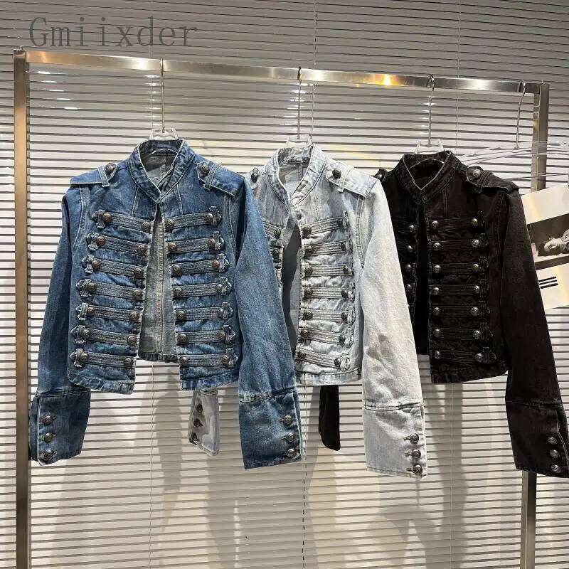 Designer Clothing 2025 New Autumn Fashion Tops Classical Metal Rib Buckle Korean Style High-End Design Shoulder Straps Washed Denim Short Jacket
