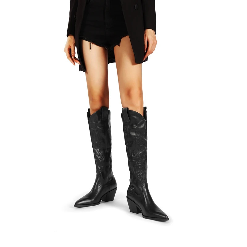 Womens Western Mid calf Pointed Head Large Denim Embroidered Flame High Heels Over Knee Gothic Boots 250809