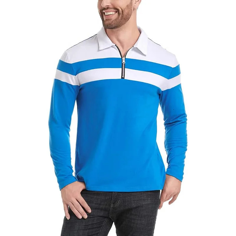 Mens Long Sleeve Striped Polo Shirts 14 Zip Cotton Patchwork Collared Shirt Casual Fashion Pullover Slim Fit Golf 250814