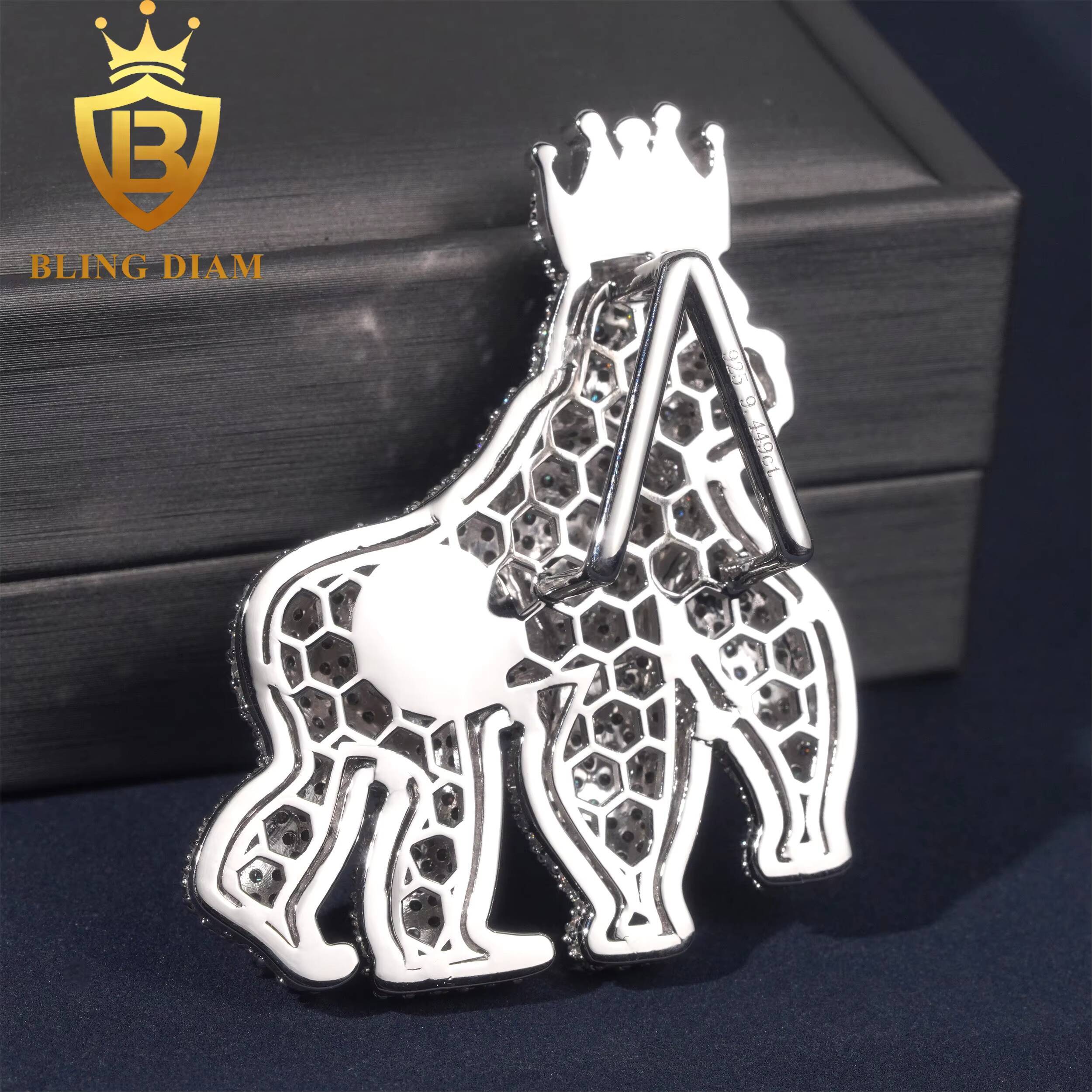 Hip Hop 925 Sterling Silver Vvs Moissanite Animal Gorilla Crown Charms Diamond Iced Out 3D Pendant Necklace