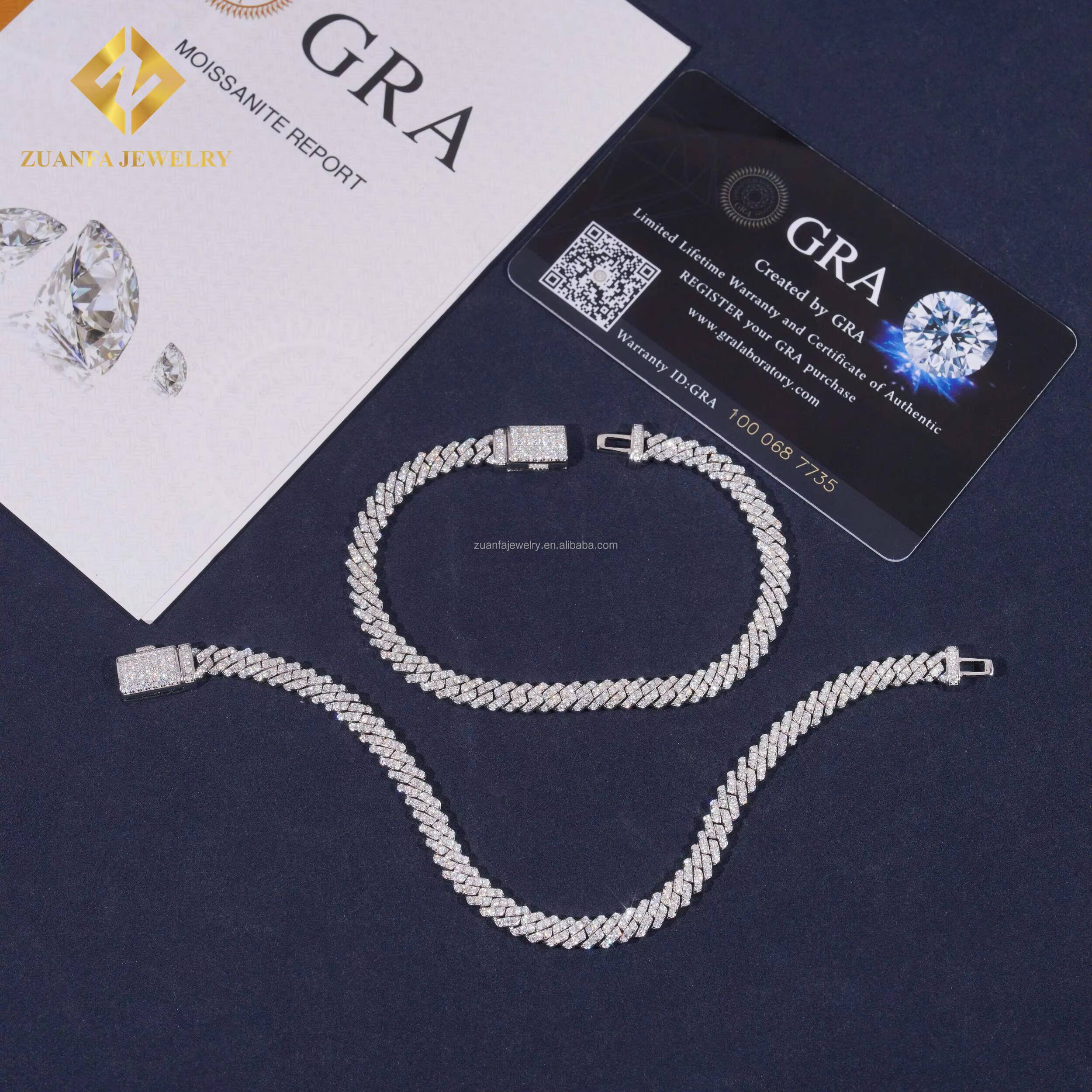 Hot Sale 5mm Width One Row Iced Out Jewelry GRA Certificates Pass Diamond Tester Moissanite Cuban Link Chain Bracelet Set