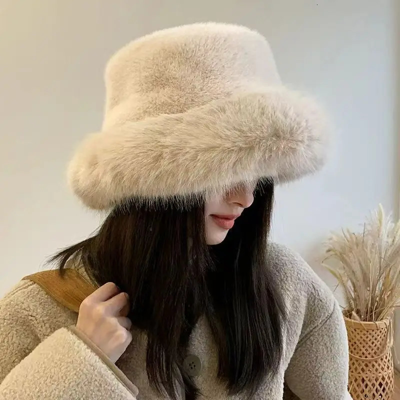 Winter Faux Fur Hat Fluffy Bucket Hat for Women Plush Hat Thicken Snow Windproof Rabbit Fur Russian Hat Bonnet 250808