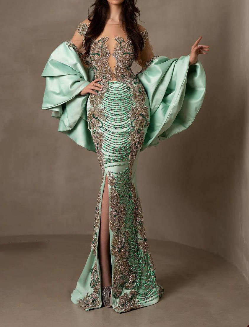 Exquisite Mermaid Evening Dresses Detachable Sleeve Floor Length Prom Gowns Crystal Beading Special Occasion Customized Dresses