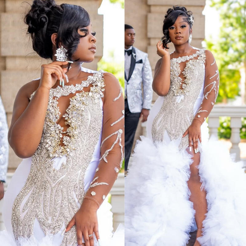 Arabic Aso Ebi Plus Size Ivory Wedding Dress 2025 Appliques Beaded Crystals Pearls Tiers Luxurious Bridal Gowns Dresses Rhinestones Decoration Wedding