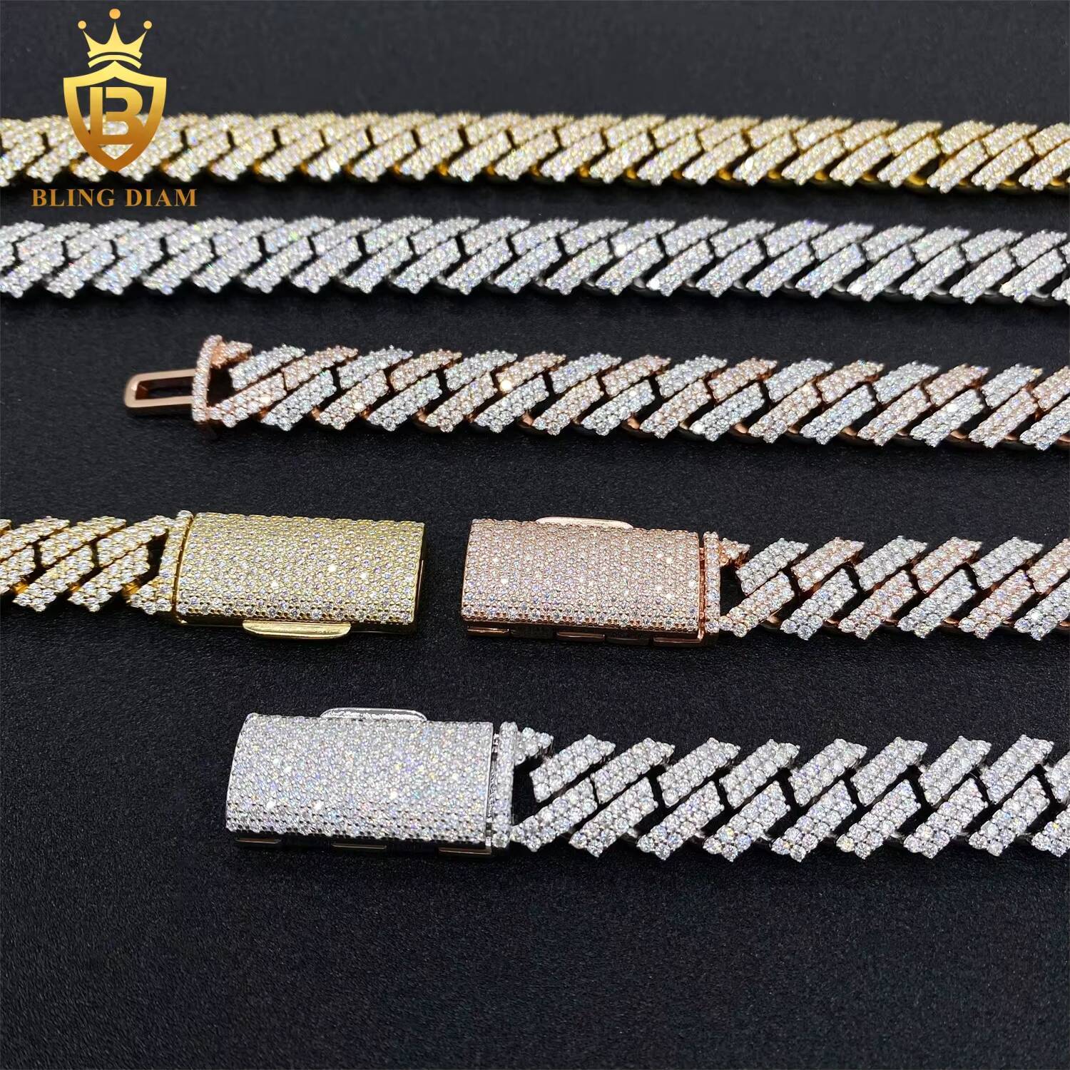 Factory Direct Sale 12mm Cuban Link Chain Moissanite 2 Row Prong Chain Necklace Pass Diamond Tester
