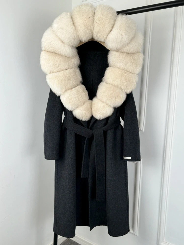 Janveny Large Fox Fur Hooded Long Oversize Ladies Woolen Blends Coat Autumen Winter Jacket Women Cashmere Wool Coats 250811