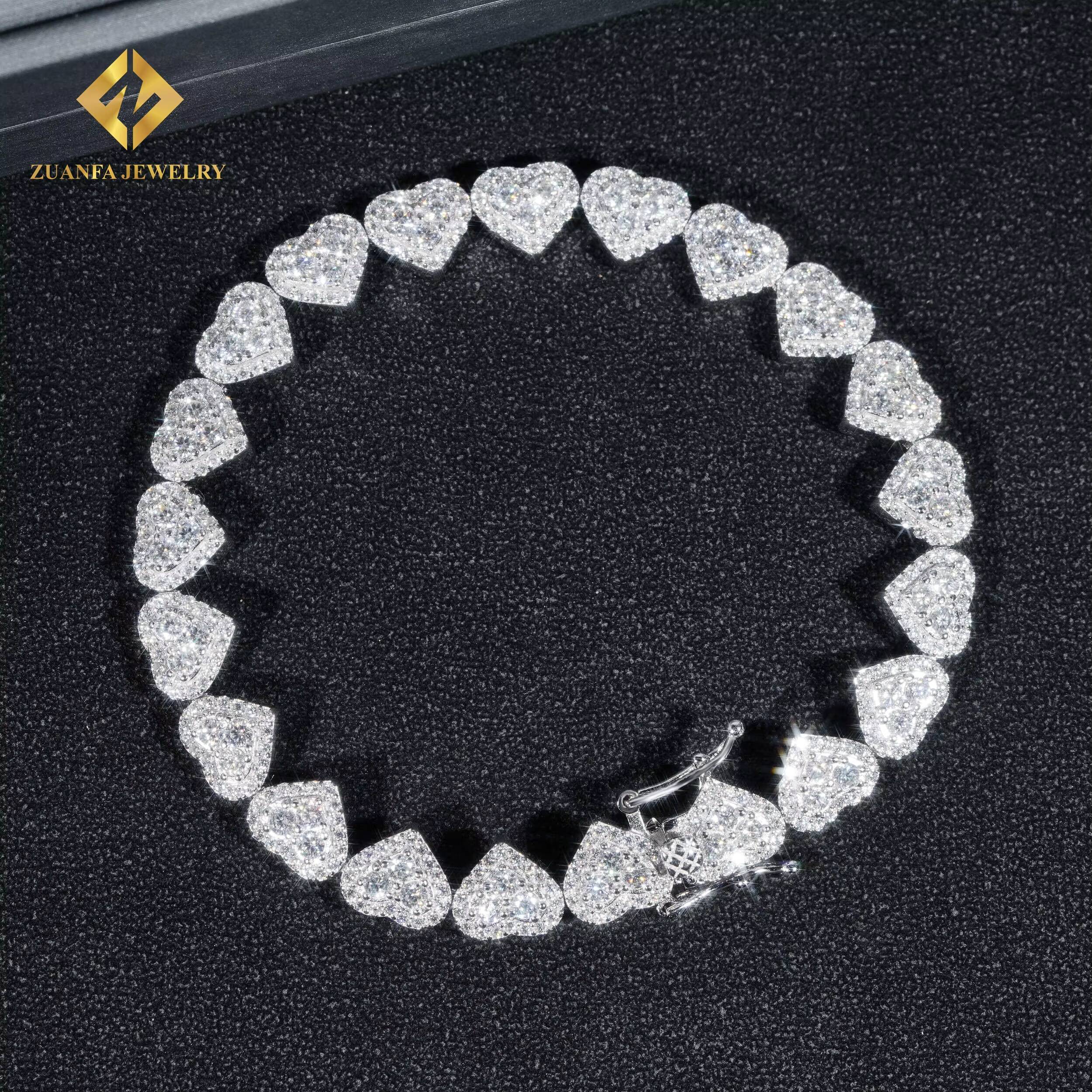 Fashion Jewelry Iced Out Hip Hop 925 Sterling Silver White Gold VVS1 Moissanite Diamond Cluster Heart Shape Hip Hop Bracelet