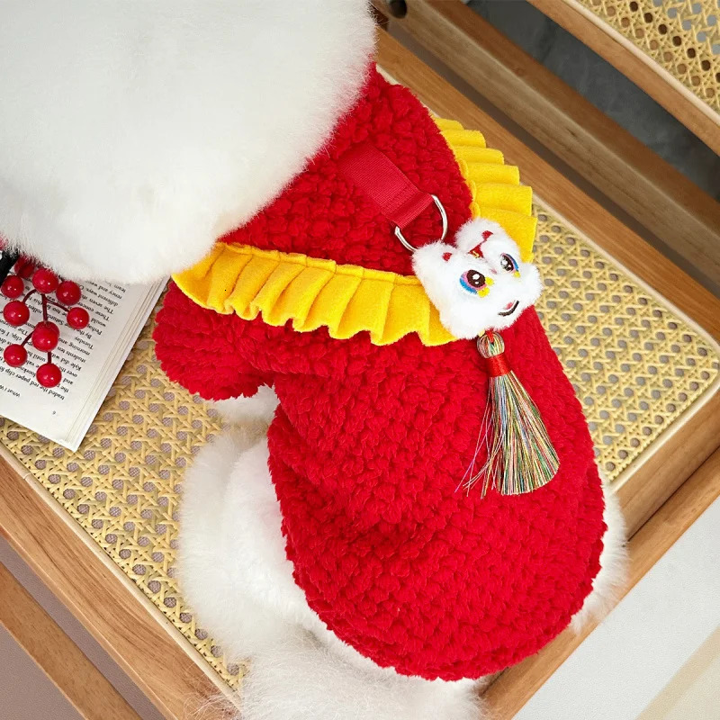 YearPet Dog ClothesChihuahua Winter Chinese Style Lion Dance Plush Thickened Warm Pet Cat Clothes Teddy Bichon Tang Suit 250814