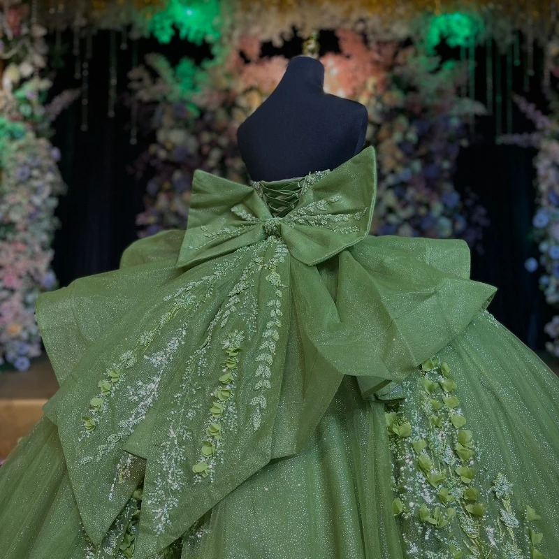 Green Shiny Princess Sweet 16 Dress Quinceanera Dresses Off The Shoulder Sequin Applique Beading Bow Tull With Cape Party Birthday Vestdos 15 Anos