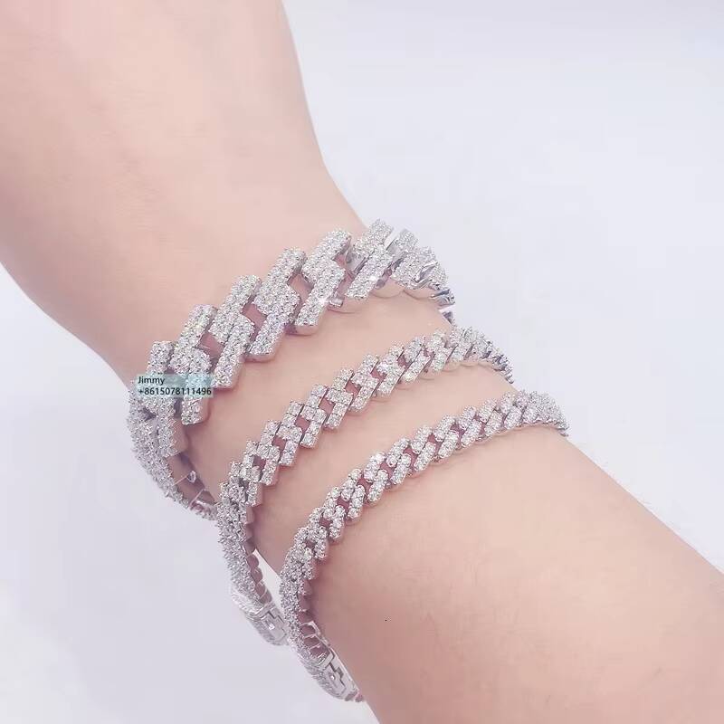 Hip Hop Style Iced Out Jewelry 6mm 8mm 10mm 12mm 15mm Width 925 Sterling Silver VVS Moissanite Cuban Link Chain Bracelet