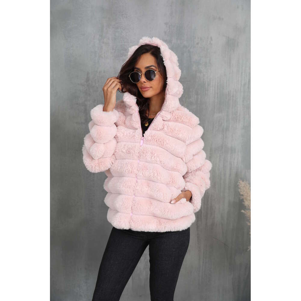 Faux Fur Women Coats Hooded Full Sleeve Short Coat Zipper Thick Warm Solid Temperament Elegant Splice Autumn Winter
