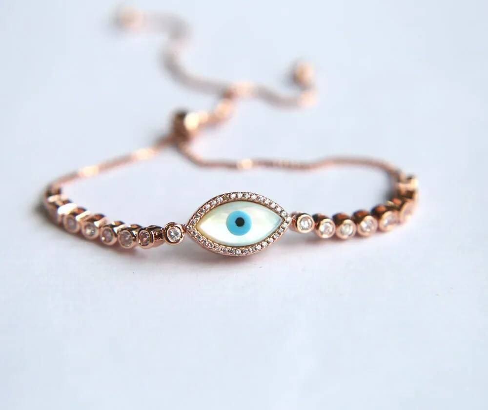 ZIRCONIA Pearl evil eye sier plated rose gold color fashion Bracelet for Women Gifts Adjustable bracelet