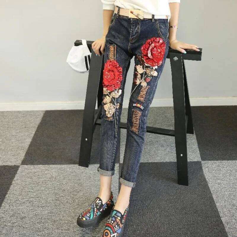 Women 2025 Spring Autumn Rose Jeans Women's High Waist Slimming Fashion Shorts