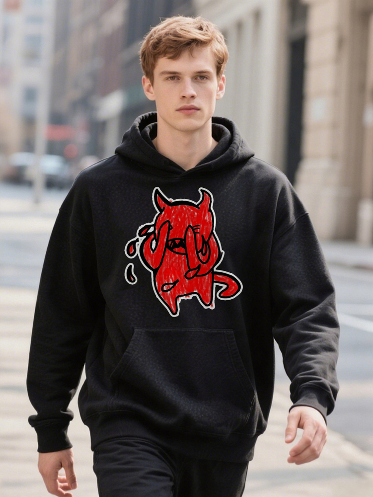 ouch Men's Humorous Hoodie Vintage Inspired Black with Cartoon Devil Graphic Casual hine cb552 13c75