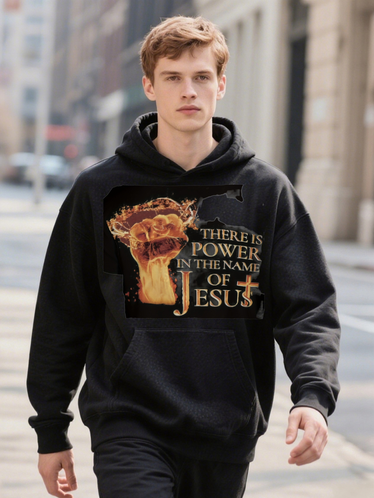 Black Men's Graphic D Print here is Power in the Name of Hoodie Jesus Crew Fashionable Street