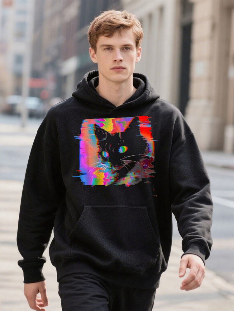 Psychedelic Weirdcore Cat Hoodie Vaporwave Aesthetic Ripped Plus Size L XL