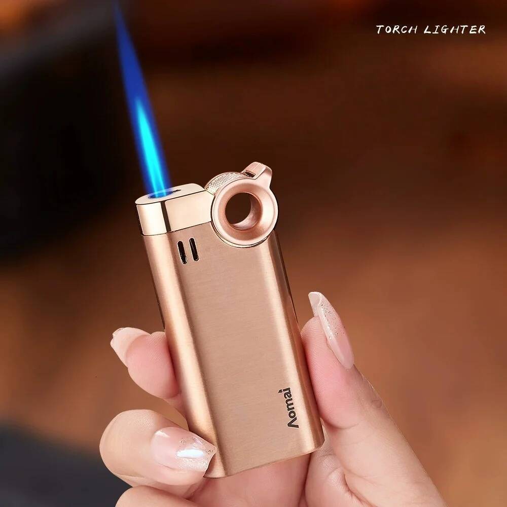 New Metal Arm Portable Outdoor Windproof Jet Blue Flame Grinding Wheel Butane Iatable Lighter Men's Gift W260202