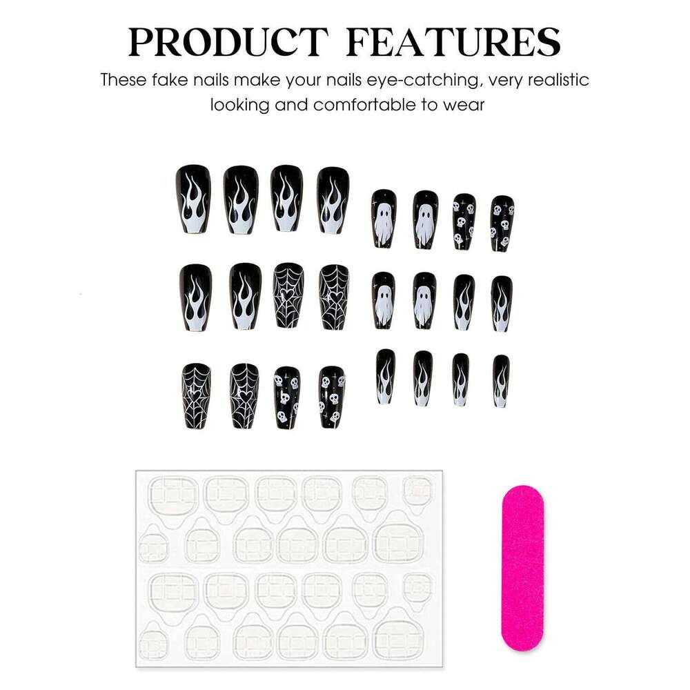 24pcs White Ghost Skull False For Halloween Glossy Mid-length Coffin Press On Nails Black Spider Web Heart Fake Nail X250816