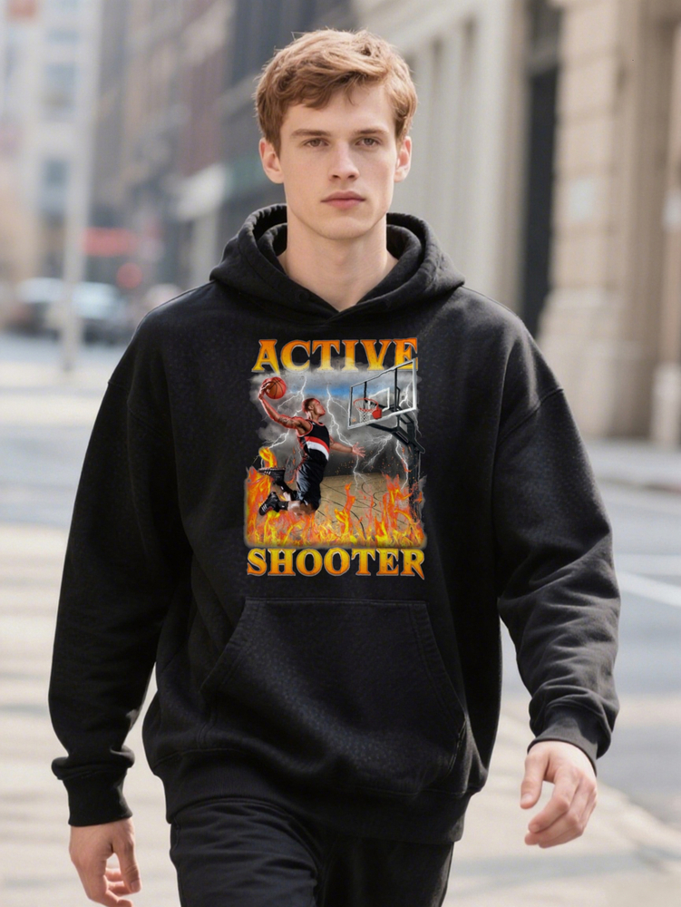 Men S Plus Size Graphic Active Shooter Design With Fiery Player Hoop Casual Hoodie Crew Regular