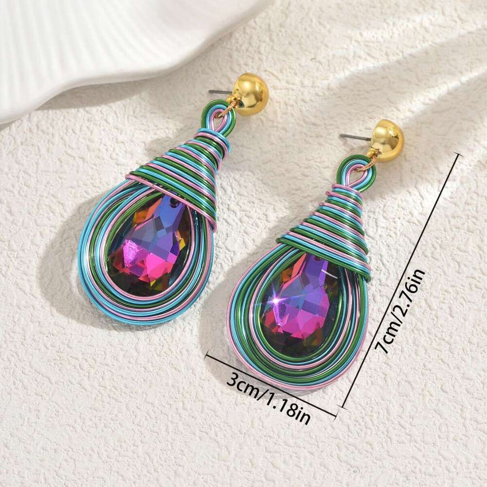 Wind Lady Geometric Inlaid Colorful Water Drop Design Studs Versatile High-end Earrings