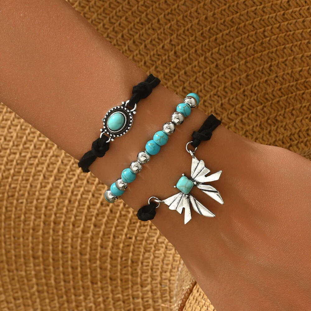 2025 New Simple Women's Geometric Butterfly Turquoise Design Bracelet Three-Piece Set Jewelry