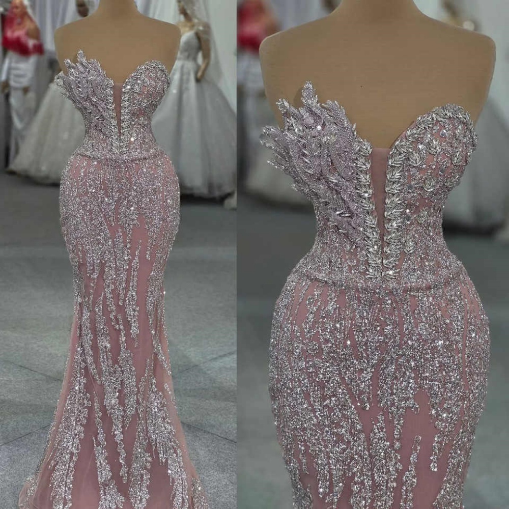 Pink Sweetheart Neck Party Dress Crystal Beaded Reception Prom Evening Gowns Saudi Arabi Shiny Celebrity Dresses Customized