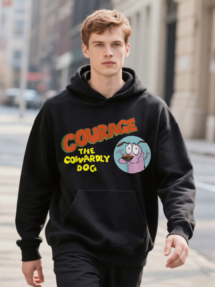 Uthage The Cowardly Dog Retro Graphic Pure Cotton Soft Breathable Black Hoodie With Colorful Print Casual Unisex
