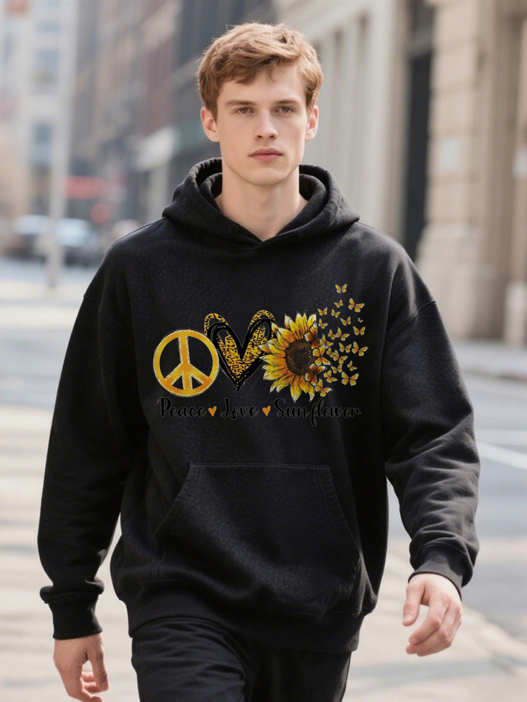 Men S Hoodie Casual Graphic Peace Love Sweatshirt Design Black Crew Ee Soft Fabric Essential