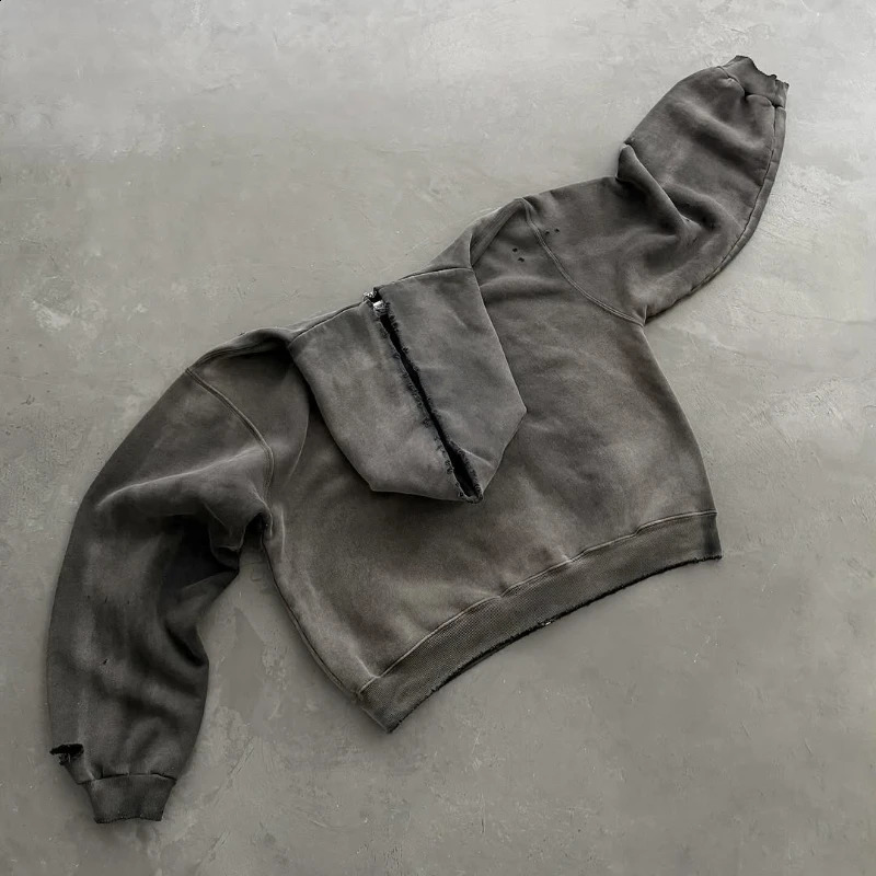 Retro loose hoodie a pcs oversized pure gray Watch-peeker hole breaking sweatshirt Y2K unisex Gothic Harajuku casual pullover 250815