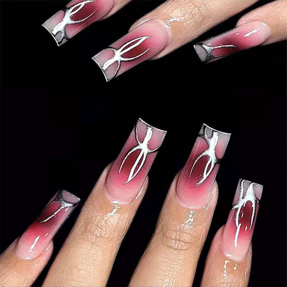 24pcs Red French Fake Nail Halloween Mid-length Square Set Press on Spider Rhinestone Design False Nails Reusable Manicure X250816