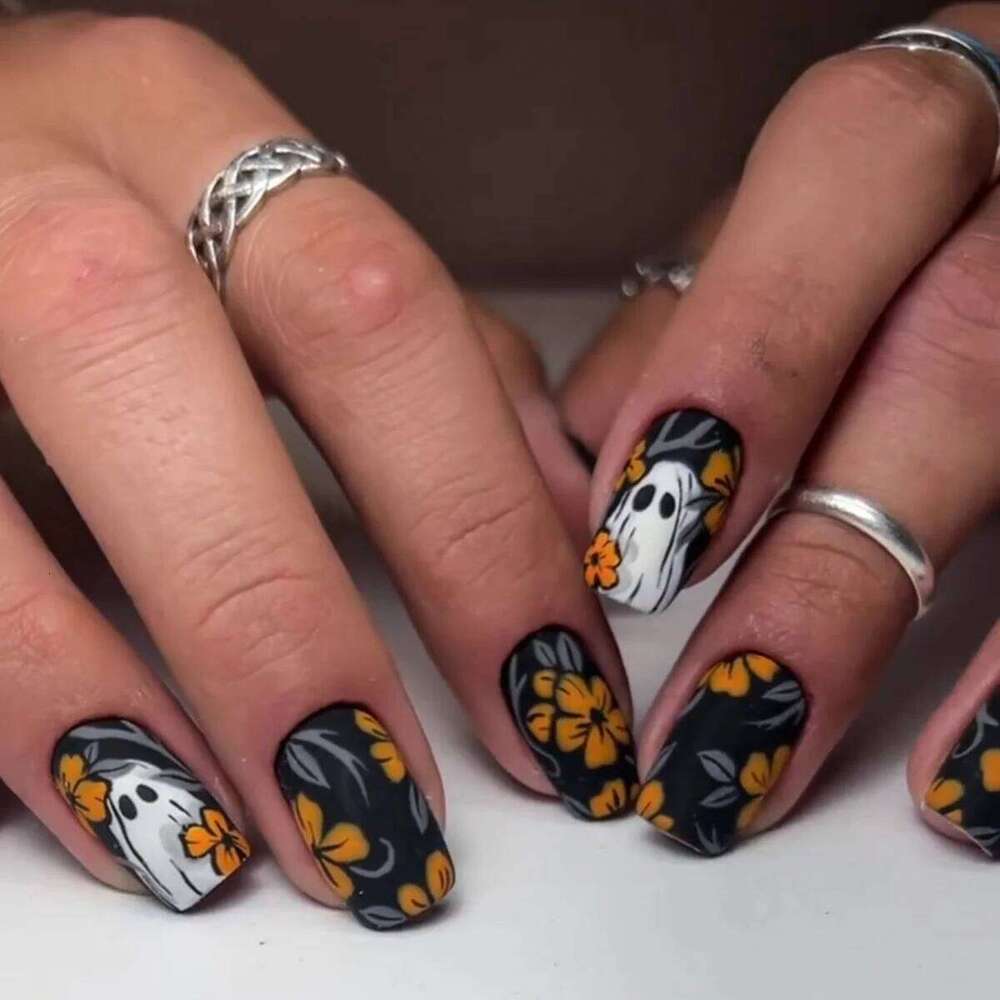 24pcs Short Square Matte Press On Set,Floral & Ghostly Holiday Elements - Halloween Dark Forest Themed Fake Nails Kit X250816
