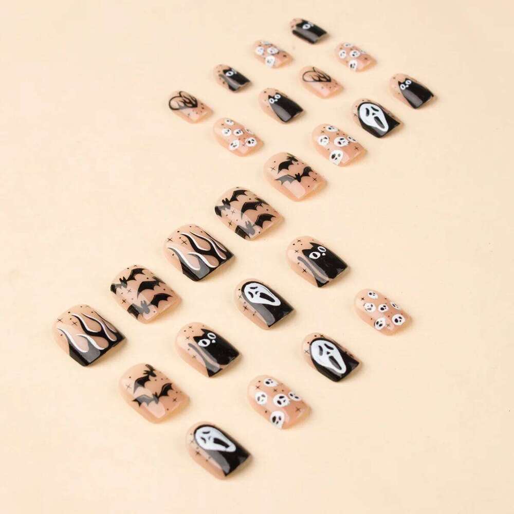 24 Pcs Halloween Skull Full Coverage Press On Fake Nails Reusable False Jelly Tabs Shiny Wear Nail for Women&Girl X250816