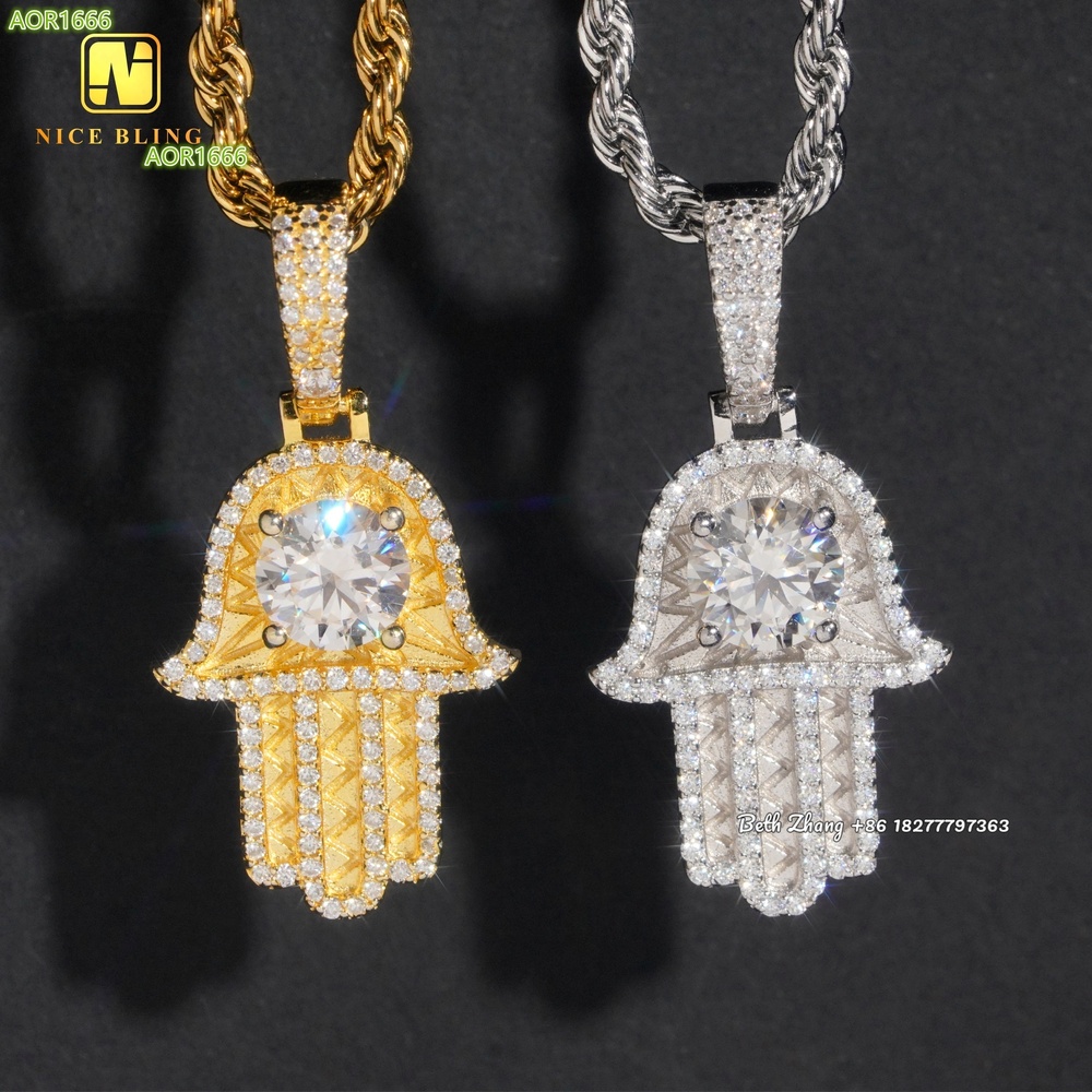 7.5MM Moissanite Diamond Hand Pendants Fashion Hip Hop Jewelry Pass Diamond Tester Hamsa Hand Pendants