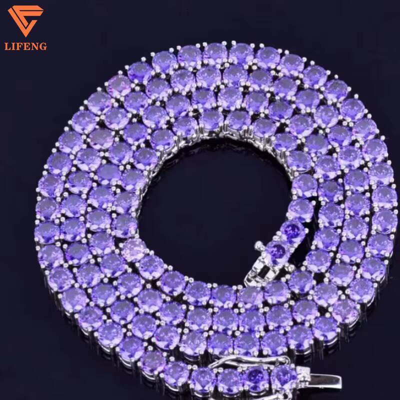 Lifeng Jewelry Specialized Custom 4mm Single Row Iced Out Purple VVS Moissanite 18k Gold Plated 925 Sterling Silver Tennis Chain