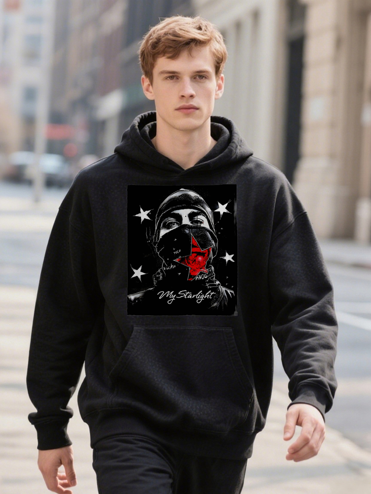 Men s Casual MY SARLIGH Print with Balaclava Stars Design Black Hoodie Crew Washable Essential for 5be1c 0281b