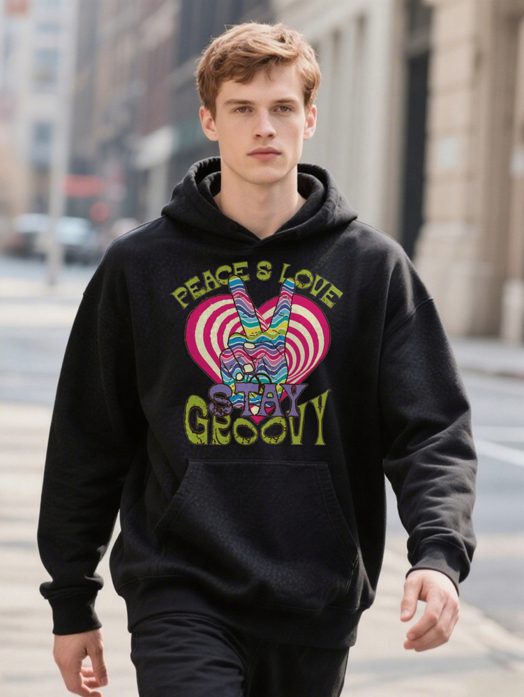 Men S Casual Crew With Stay Groovy Hoodie Print Peace Love Design Lightweight Regular Fit