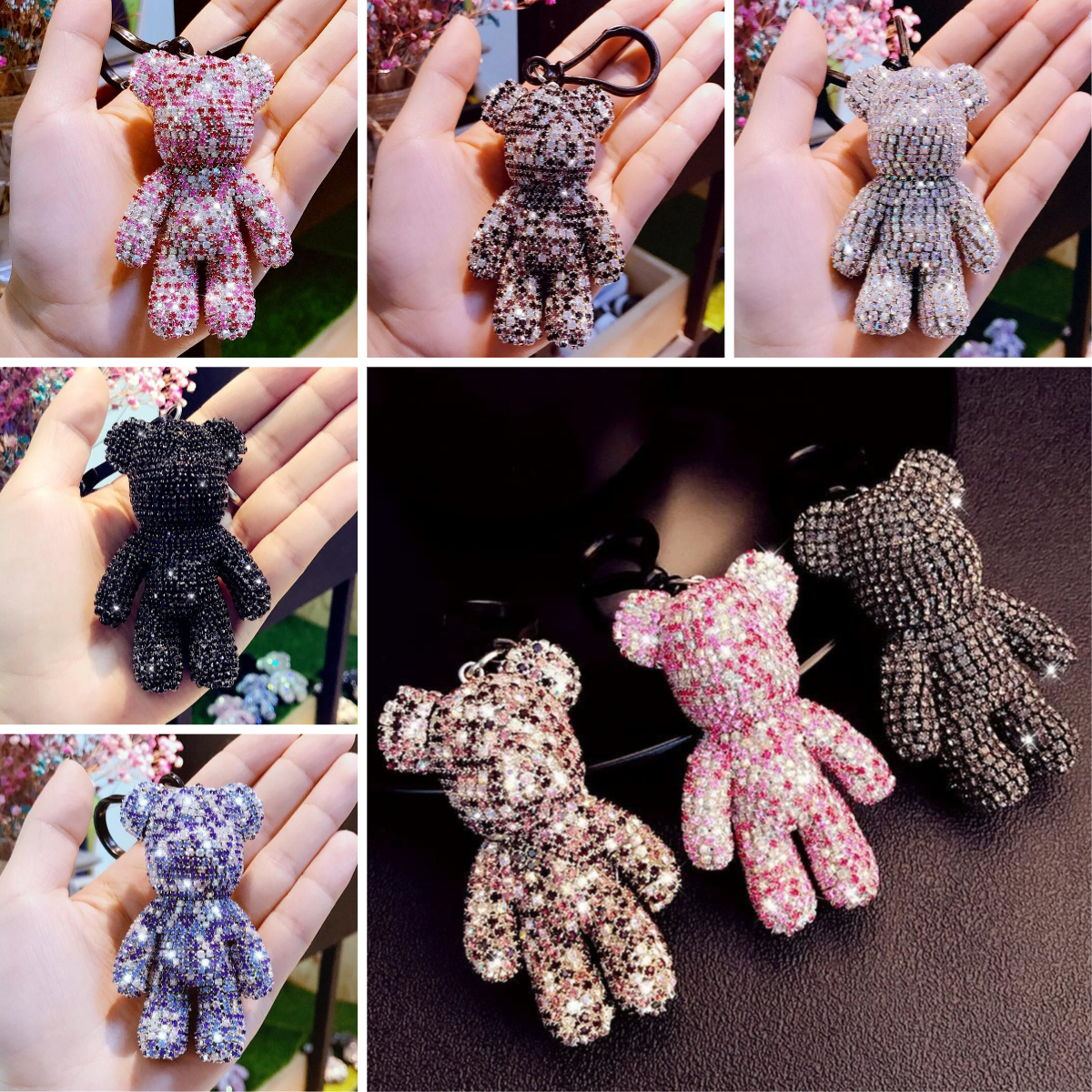 Hot sale keychain bag charms designer wholesale unisex full rhinestone cute cartoon bear crystal keychain key chain women's handbag designer keychain wallet gifts