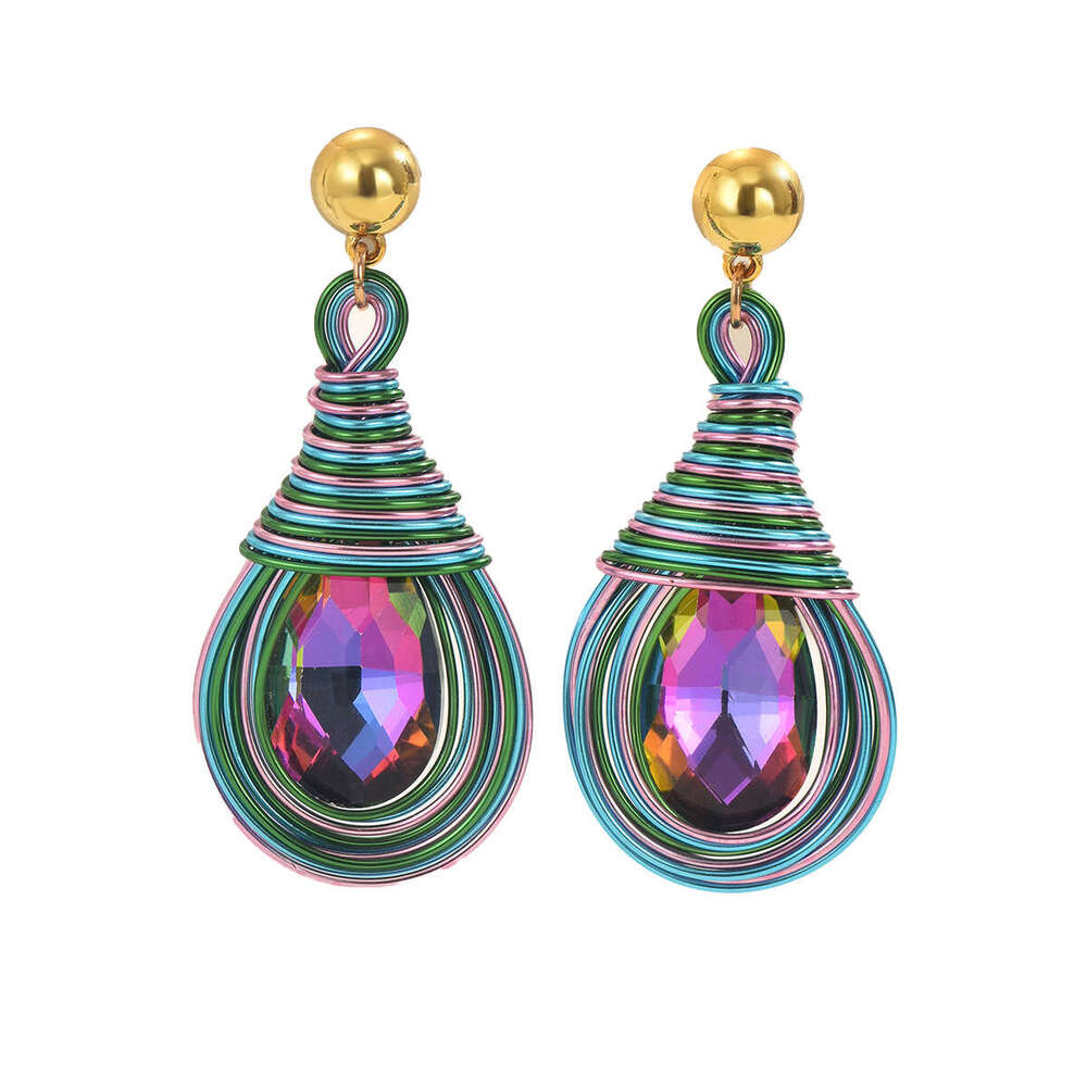 Wind Lady Geometric Inlaid Colorful Water Drop Design Studs Versatile High-end Earrings