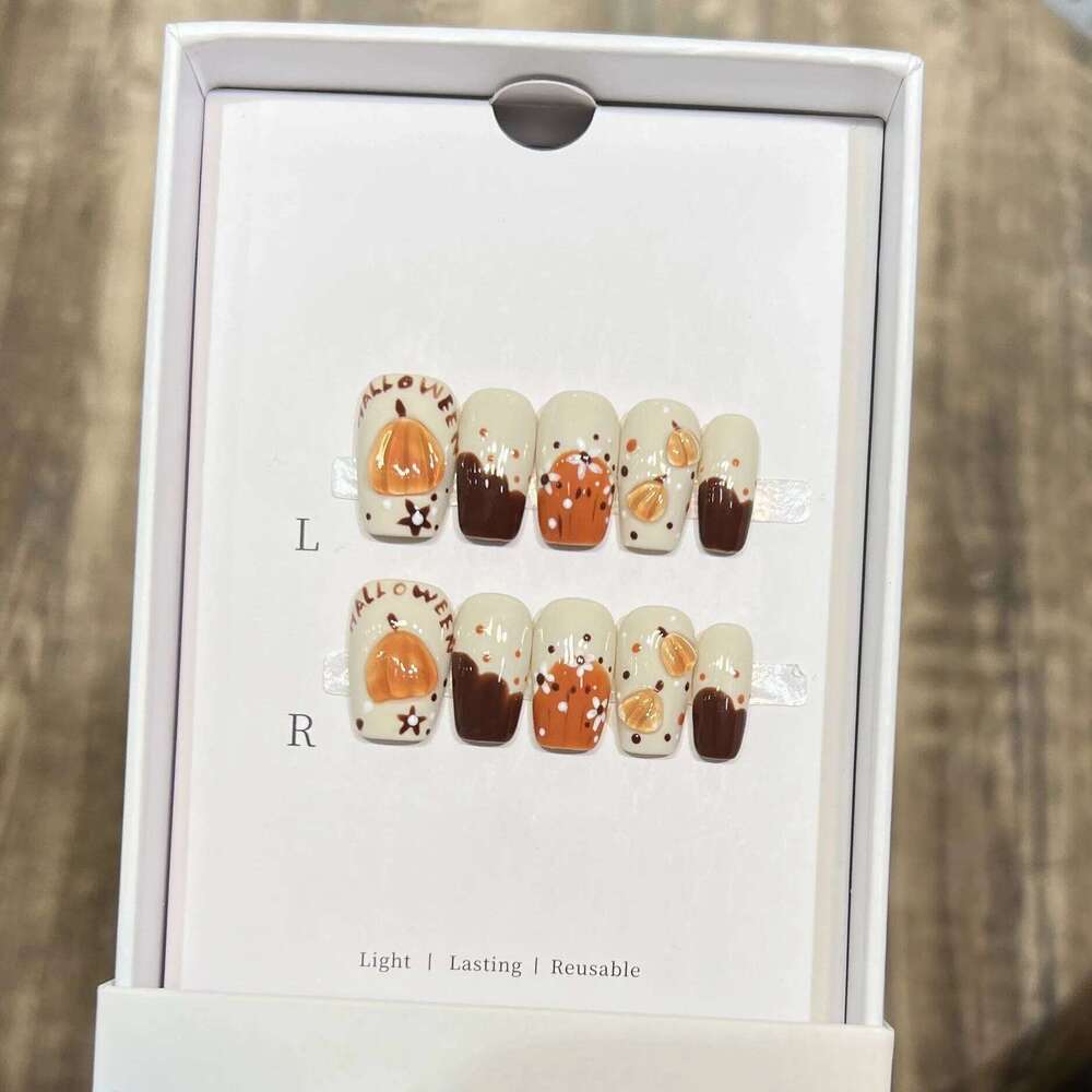 Halloween Cute 3D Crystal Pumpkin Press On Decor Handmade French False Short Ballerina Cartoon Fake Nails Wearable X250816