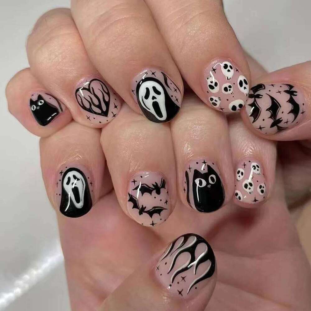 24 Pcs Halloween Skull Full Coverage Press On Fake Nails Reusable False Jelly Tabs Shiny Wear Nail for Women&Girl X250816