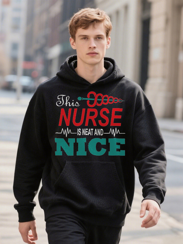 Men S Crew with his Nurse is Neat Nice Graphic Red and Hoodie Green Medical Themed Print Soft Fabric