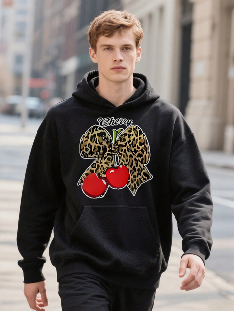 Men Hoodie S Crew with Leopard Bow Cherries Design Black Soft Fabric Perfect for Casual