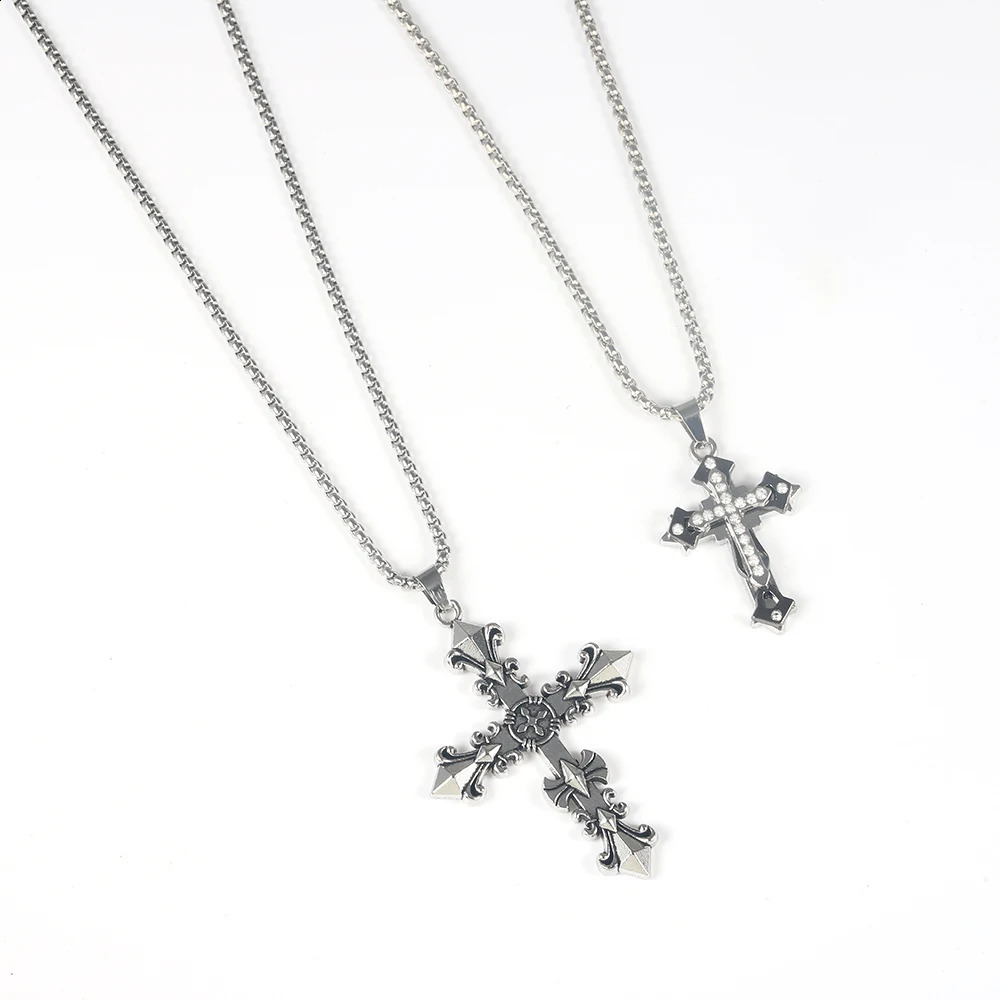 1pc Vintage Cross Pendant Necklace Men Stylish Gothic Style Inlay Diamonds Bilayer Cross With Stainless Steel Chain Jewelry Gift 250812