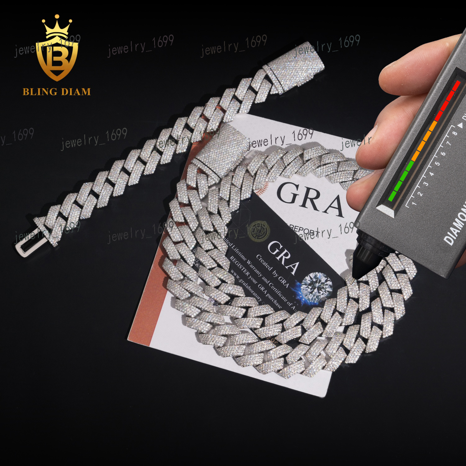 GRA Certified Classic 18mm 4 Rows Miami Hip Hop Jewelry VVS Moissanite Jewelry Necklace Cuban Link Chain for Men