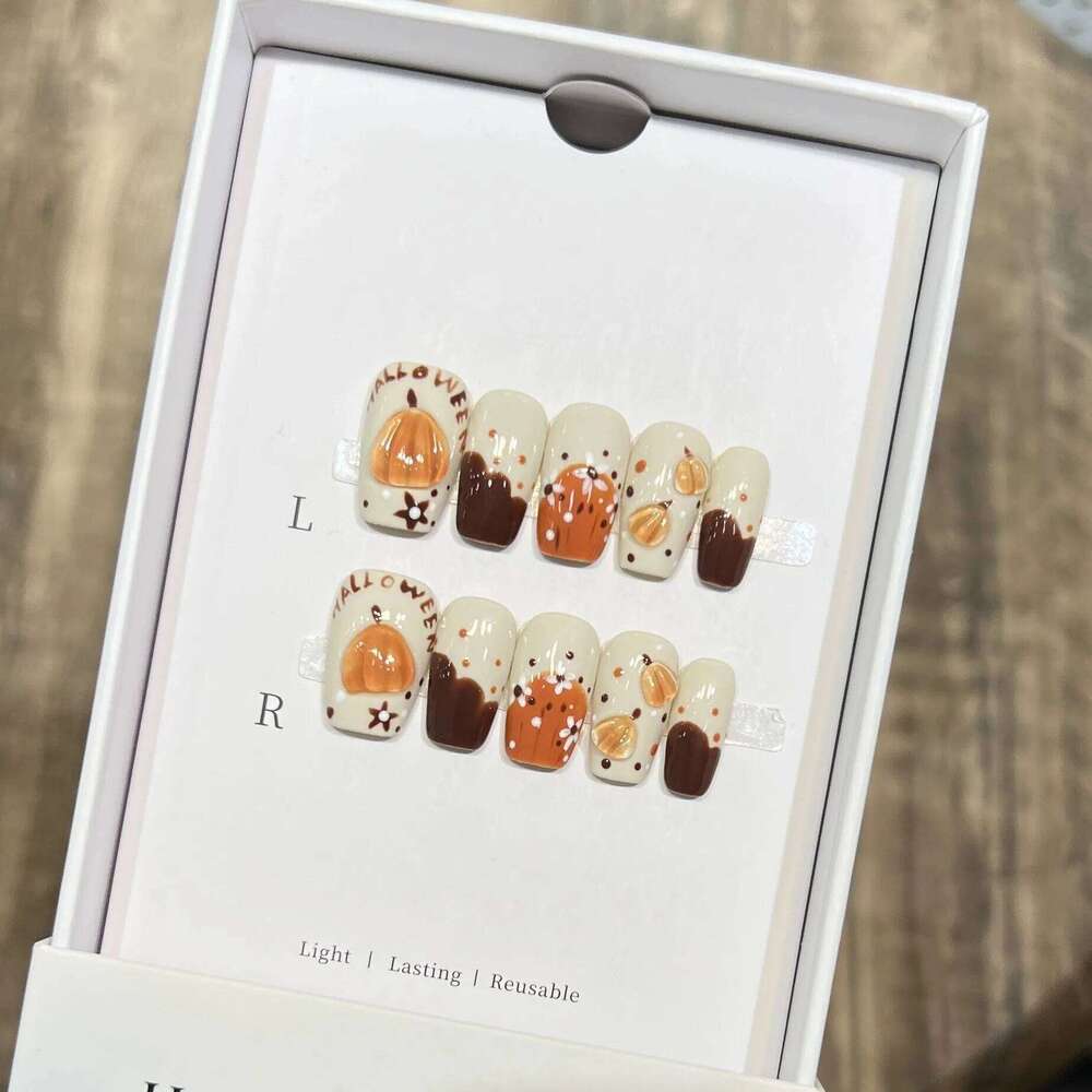 Halloween Cute 3D Crystal Pumpkin Press On Decor Handmade French False Short Ballerina Cartoon Fake Nails Wearable X250816